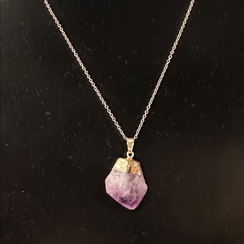 Amethyst Raw Crystal Pendant Necklace with Goldtone Wrap and Bail.
